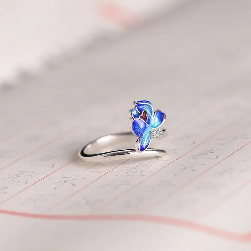 Retro Chinese Cloisonne Lotus Flower Ring For Women Punk Gothic Vintage Open Ring Handmade Designer Jewelry Unisex Accessories