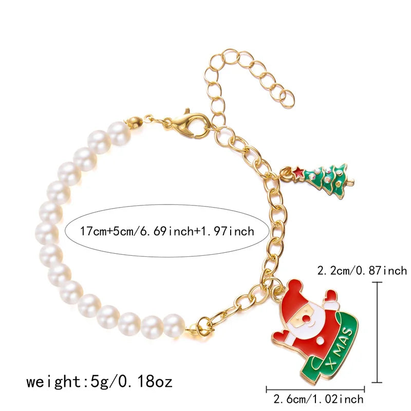 Creative Christmas Metal Chain Bracelet For Women Men Delicate Imitation Pearl Santa Claus Xmas Tree Snowflake Snowman Bangles