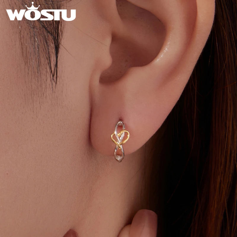 WOSTU Two Tone Gold 925 Sterling Silver Gold Heart Huggies Earrings For Women Lovely Ear Hoops Fine Jewelry Gift