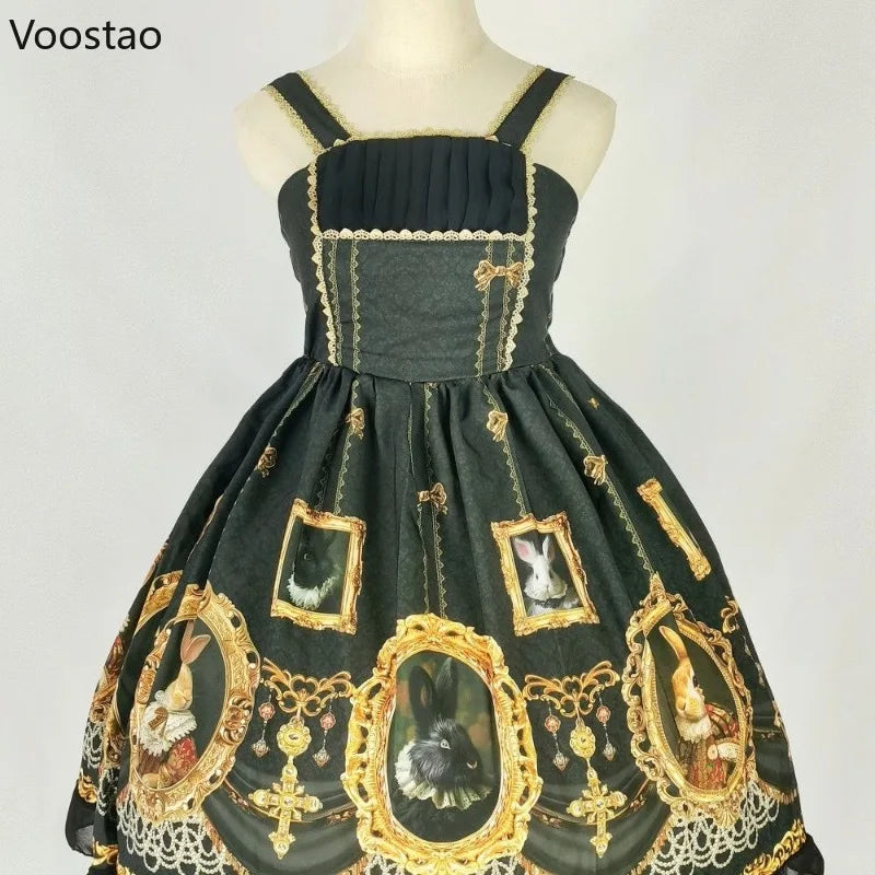 Vintage Gothic Lolita Jsk Dress Women Sweet Cute Rabbit Print Sleeveless Tea Party Dresses Japanese Girls Kawaii Y2k Fairy Dress