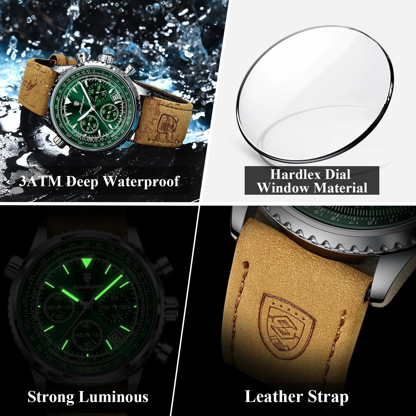 POEDAGAR Luxury Man Watch Quartz Waterproof Luminous Date Chronograph Leather Men Wristwatch Military Sports Men's Watches Reloj - Madeinsea©