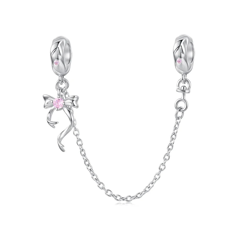 WOSTU Original 925 Sterling Silver Pink Bow Heart SnowFlake Safety Chain Turtle Spacer bead Fit Bracelet Jewelry Making DIY Gift