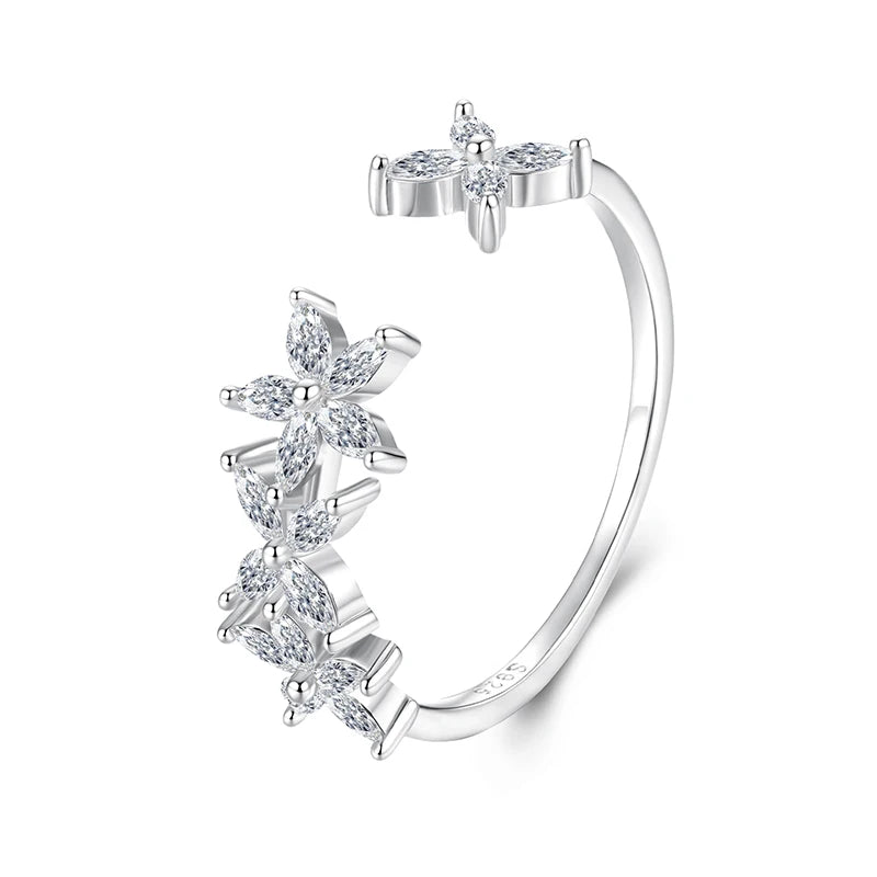 Bamoer 925 Sterling Silver Autumn Leaves Open Ring Pave Setting CZ Maple Leaf Adjustable Ring for Women Teens Anniversary Gift