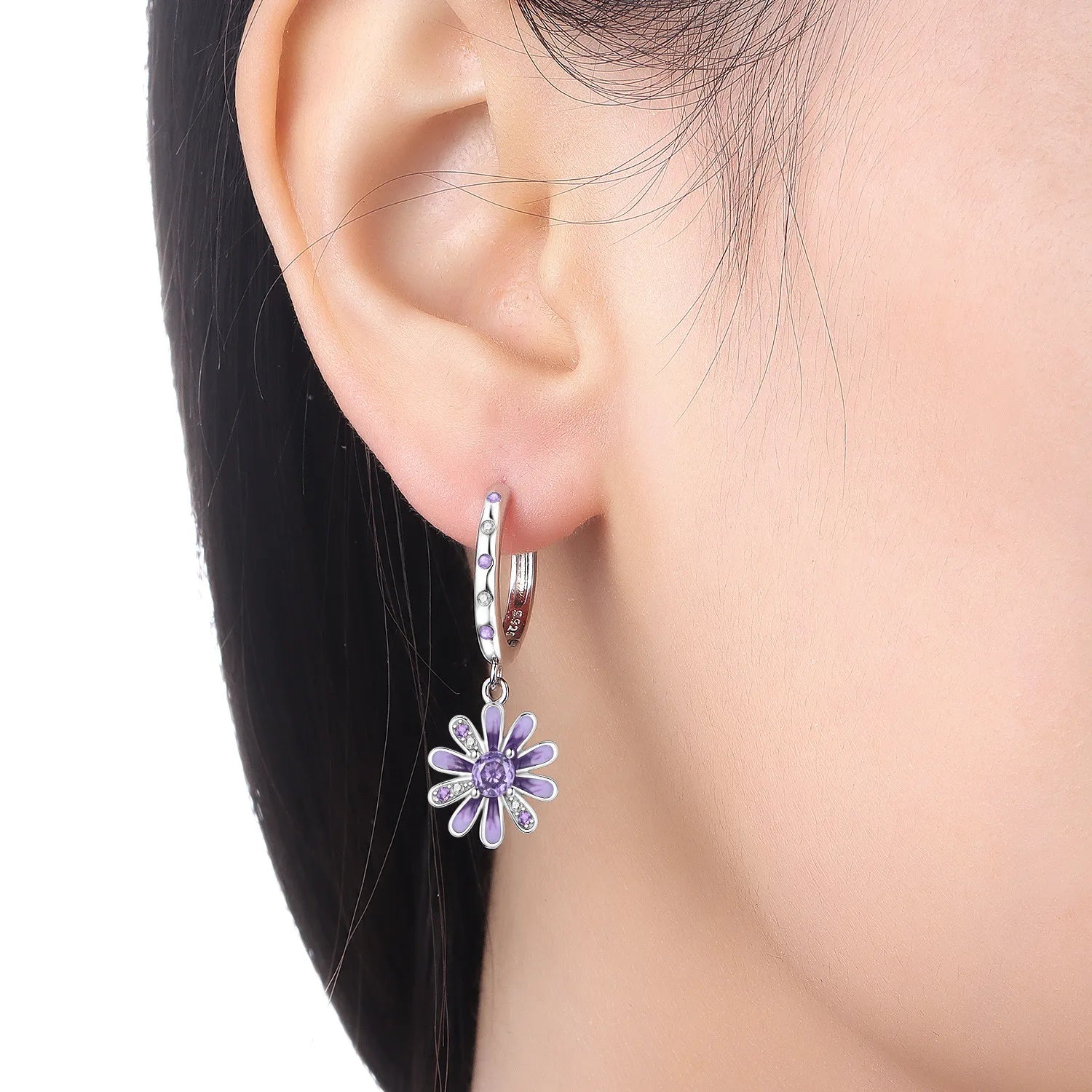PANPOKI 925 Sterling Silver Purple Daisy Flower Drop Earrings Women Earrings Charm Trend Versatile Party Jewelry Gifts