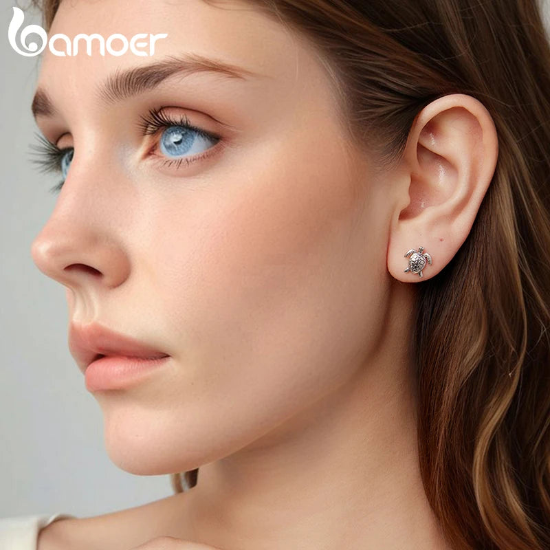 Boucles d'oreilles puces en argent sterling 925 BAMOER, motif tortue, hypoallergéniques, pour femme. Bijou raffiné, style rétro, idéal pour une soirée.