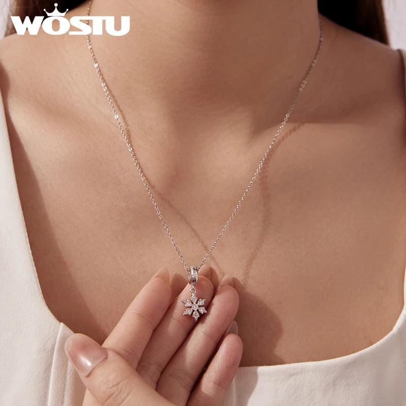 WOSTU 925 Silver Winter Snowflake Charm Penguin Pendant Blue Murano Glass Bead Fit DIY Bracelet Necklace Jewelry Making DIY Gift