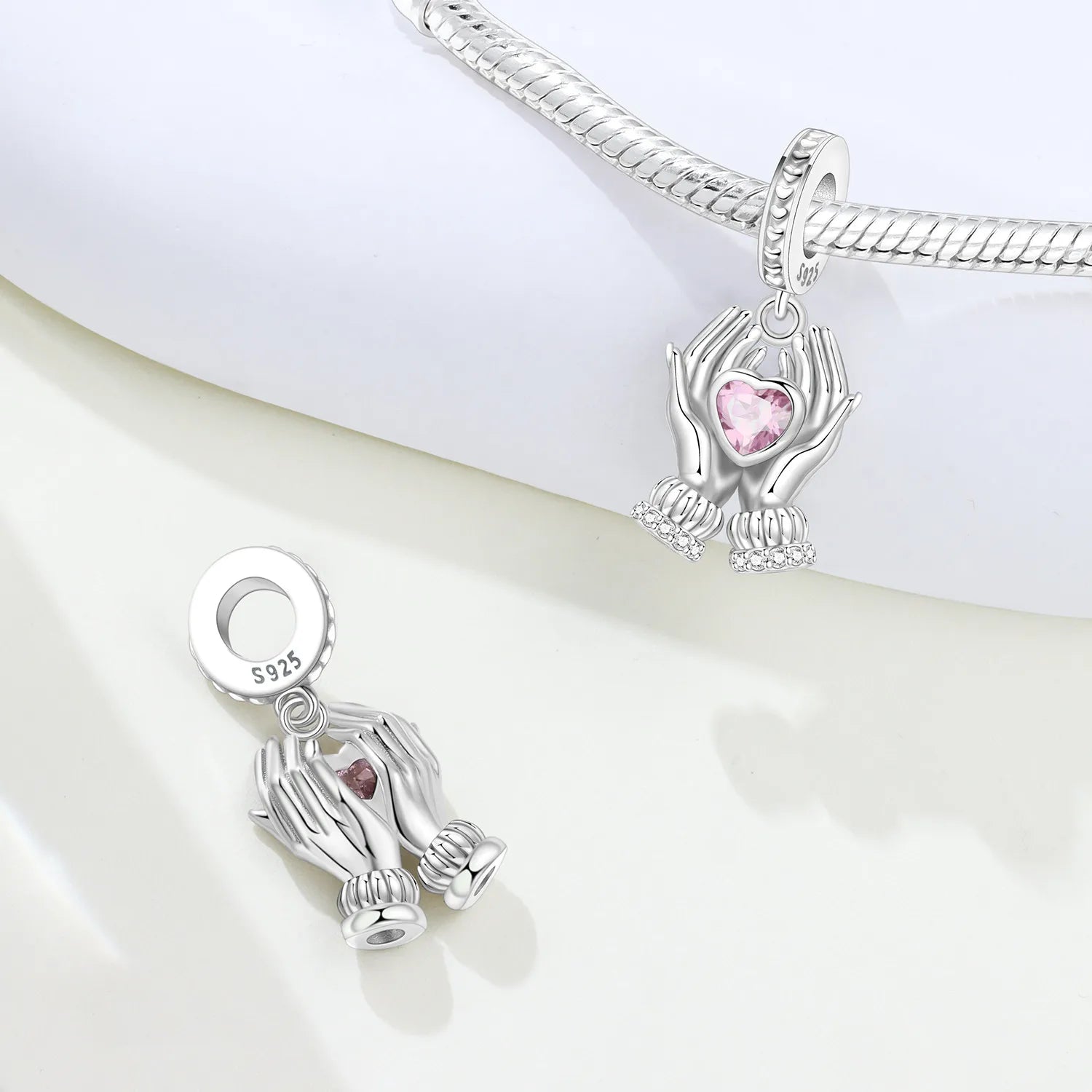 PANPOKI 925 Sterling Silver Pink Zircon Love Series Beads Original Pendants Bracelet Charm Jewelry Party DIY Trendy Gifts