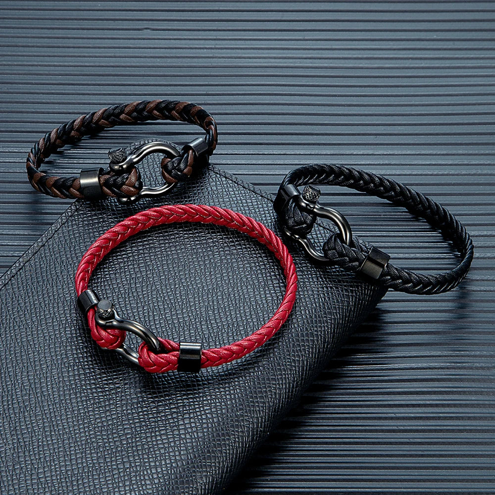 MKENDN Personalised Men's Nautical Shackle & Woven Black Leather Bracelet Gifts For Him Men's Jewellery