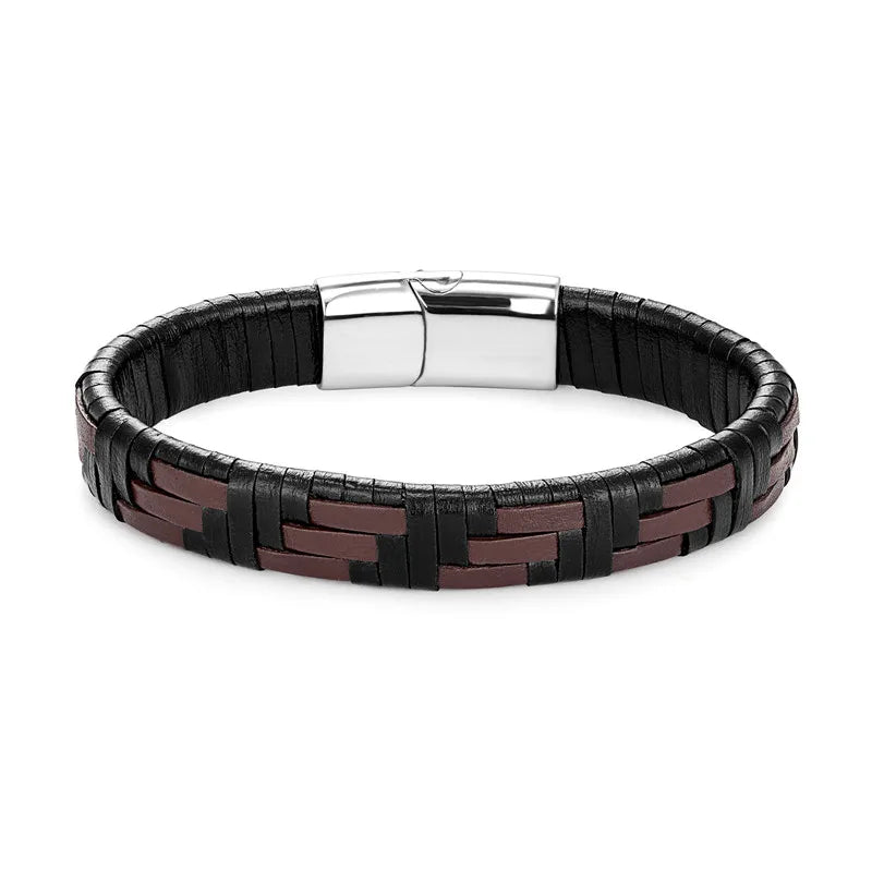 MKENDN Punk Men Multilayer Braid Genuine Leather Bracelet Titanium Stainless Steel Magnetic Buckle Bracelet Homme Pulseras