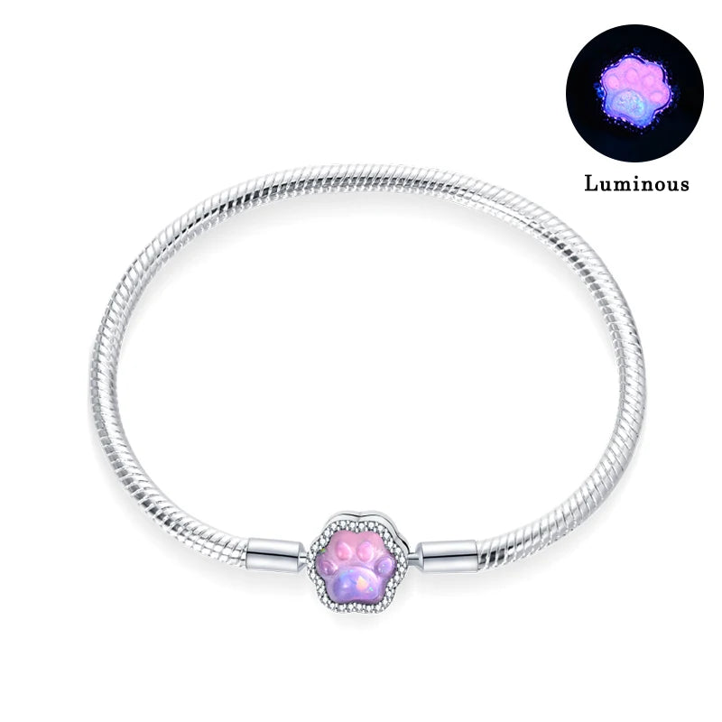 New Bracelets 925 Silver Original Pink Princess Glow Cat Claws Heart Shaped Bracelets Fit DIY Charms Beads Birthday Jewelry Gift