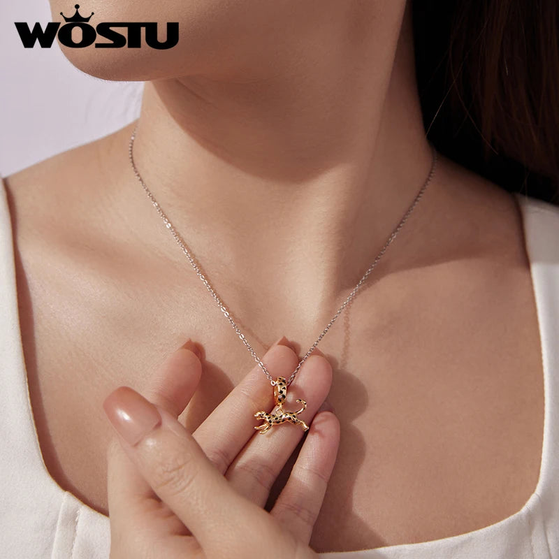 WOSTU 925 Sterling Silver 18K Gold Plate Leopard Lion Pendant Animal Charm For DIY Jewlery Gift Fit Original Bracelet Necklace