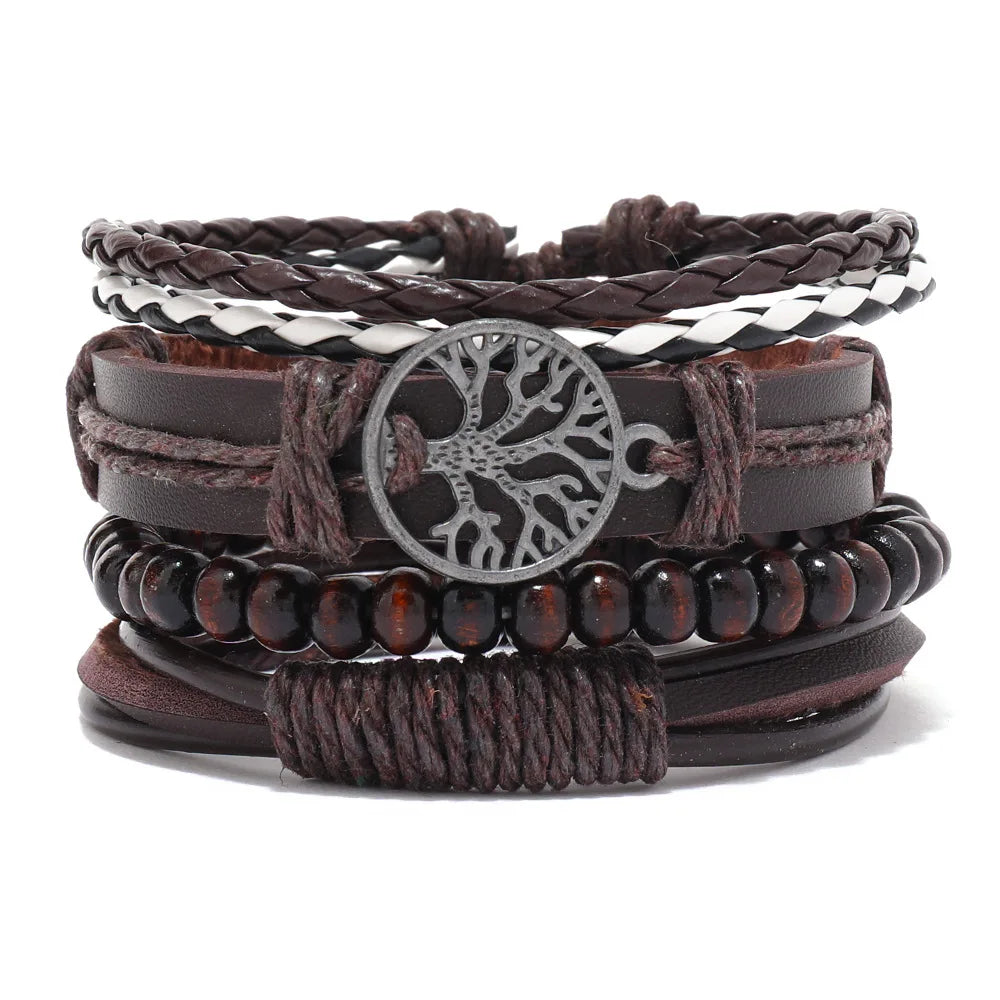 Ensemble de quatre accessoires en alliage Arbre de Vie : bracelet en cuir pour homme, perles en bois et ornement en cuir tissé à la main.