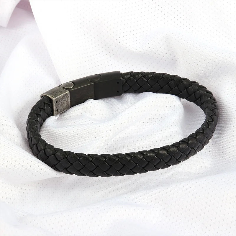 MKENDN Simple Style Men's Black Genuine Leather Bracelet Classic Stainless Steel Insert Braid Bangles For Men Friend Gift