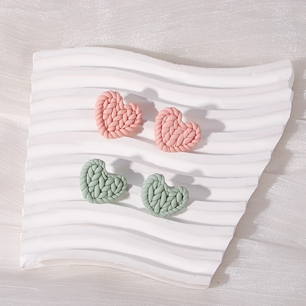 AENSOA Romantic Sweater Knit Love Heart Polymer Clay Stud Earrings for Women Handmade Braided Statement Earrings Party Jewelry
