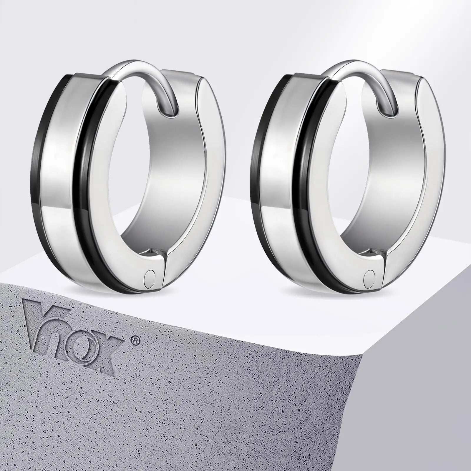 Vnox Simple Small Hoop Earrings, Black Lines Edge Huggies Earrings, Waterproof Women Men Stainless Steel Piercing Earrings