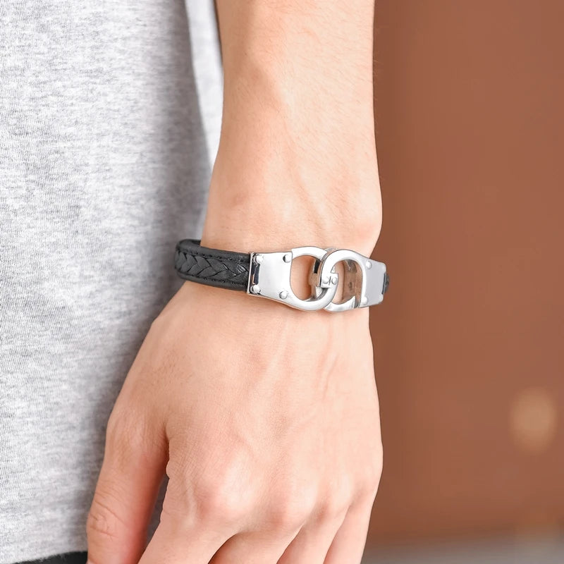 Handcuff Bracelet for Men High Quality Stainless Steel Genuine Leather Couple Bracelet Unique Menottes Bijoux Gift for Him