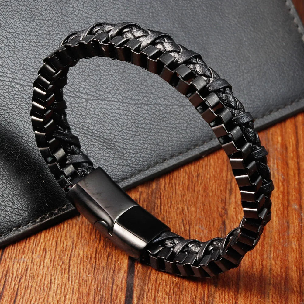 MKENDN Locomotive Vintage Black Chain Link Men Leather Bracelet Punk Stainless Steel Motorcycle Bracelets Male Jewelry