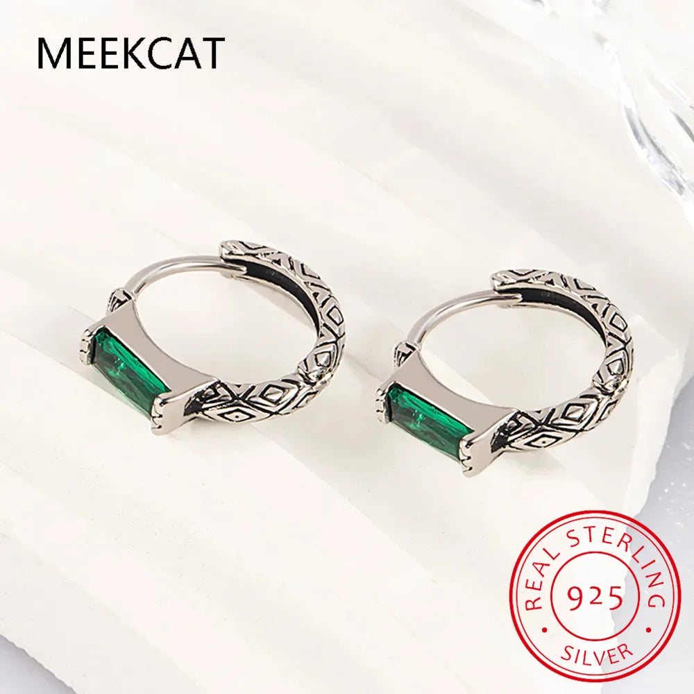 Green Simulated Nano Emerald 925 Sterling Silver Vintage Textured Hoop Earring for Women Wedding Party Jewelry Gift Pendientes