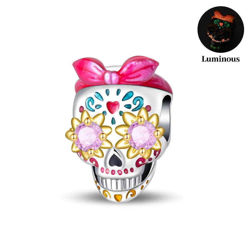 2024 New 925 Sterling Luminous Halloween Skull Witch Pumpkin Candy Charms Beads Fit 3mm Original Bracelets DIY Party Jewelry