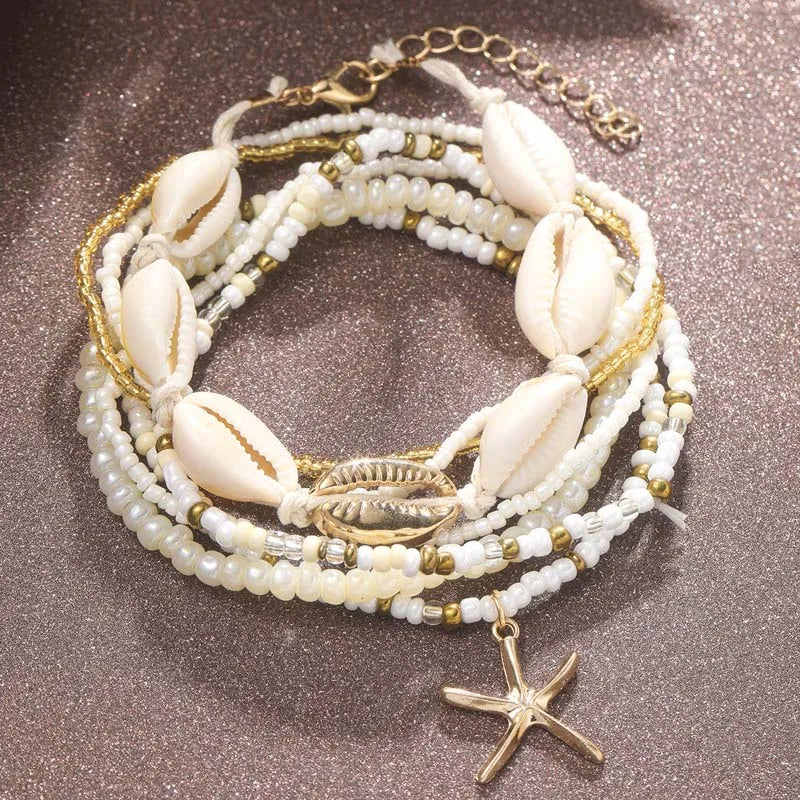 Bohemian Starfish Shell Beaded Anklet Set for Women Summer Fashion Multi-Layer Rice Beads Leg Chains Beach Jewelry Accessories - Madeinsea©