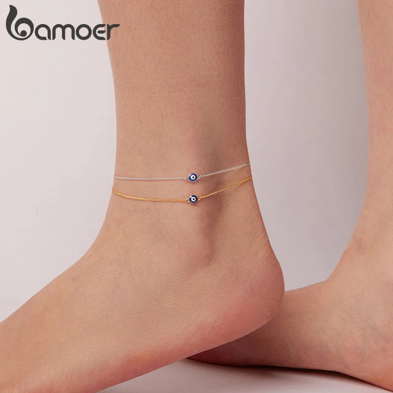 BAMOER 925 Sterling Silver Blue Evil Eye Charm Anklet for Women, Gold Plated Beach Party Trendy Jewelry Girl Guard Gift