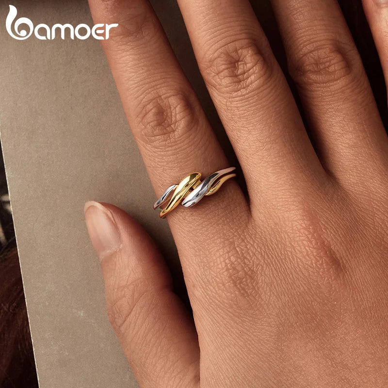 BAMOER Vergoldeter, gewellter Stapelring für Damen, 925 Sterling Silber, gedrehtes Band, zarter Ewigkeitsring SCR1117