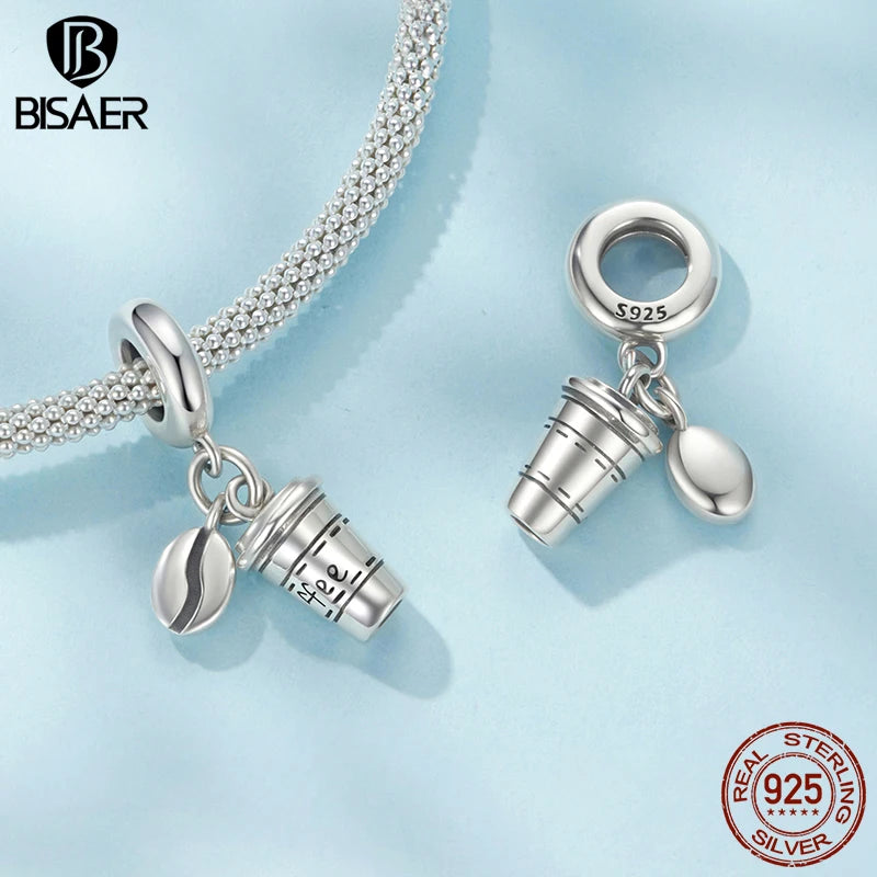 BISAER 925 Sterling Silver Coffee Cup Charm Bead Cafe Coffee Bean Pizza Pendant For Women DIY Bracelet & Necklace Fine Jewelry