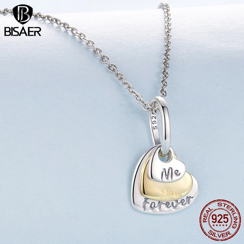 BISAER 925 Sterling Silver Eternal Love Charm Bead Two-tones Heart Pendant for Women DIY Bracelet & Neckalce Fine Jewelry Gift