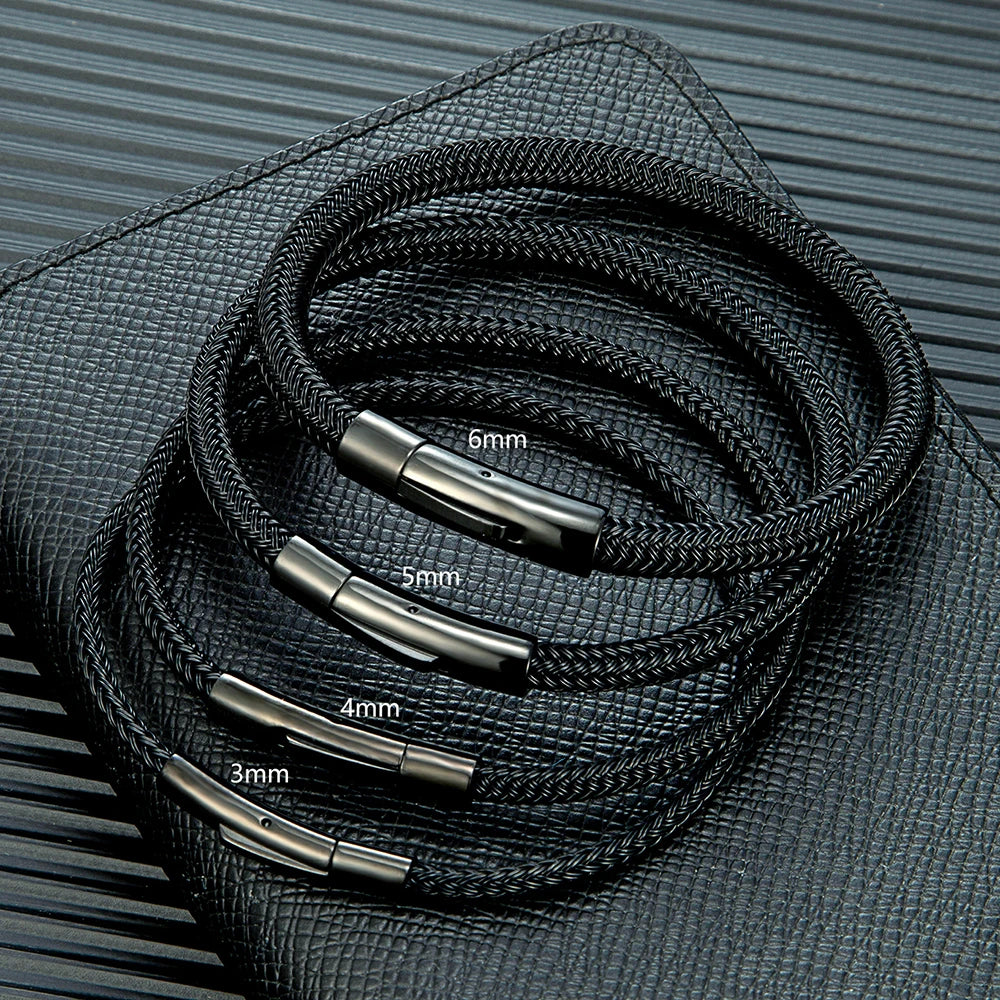 MKENDN Classic Men Women Jewelry Black Non-fading Steel Wire Rope Bracelet Classic Cuff Charm Button Bracelet for Couple Jewelry
