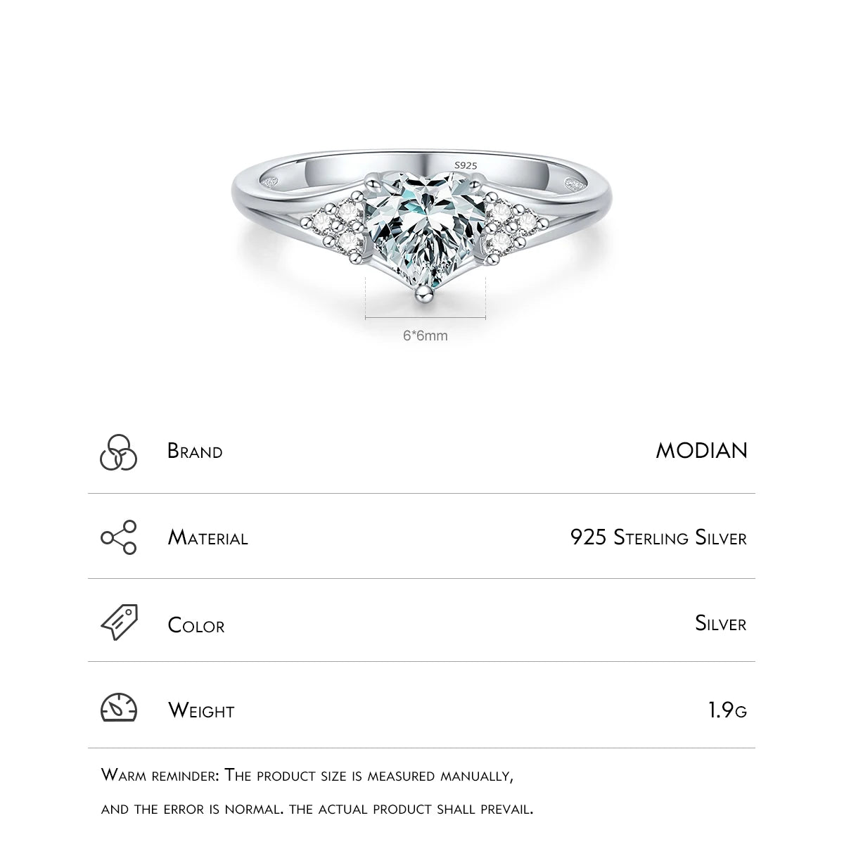 MODIAN 925 Sterling Silver Romantic Heart Love Prong Setting Zirconia Finger Ring For Women Wedding Engagement Anniversary Gift