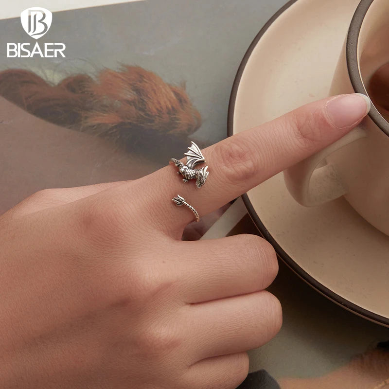 BISAER 925 Sterling Silver Flying Dragon Open Ring Retro Dragon Adjustable Size 5-9 Band for Women Party Original Fine Jewelry