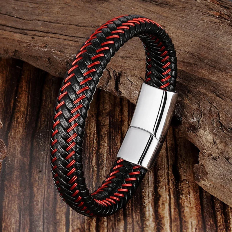 Leather Cord Bracelet Stainless Steel Leather Braided Bracelet Genuine Leather Bracelet Red Bracelet Men'S Cowhide Jewelry - Madeinsea©