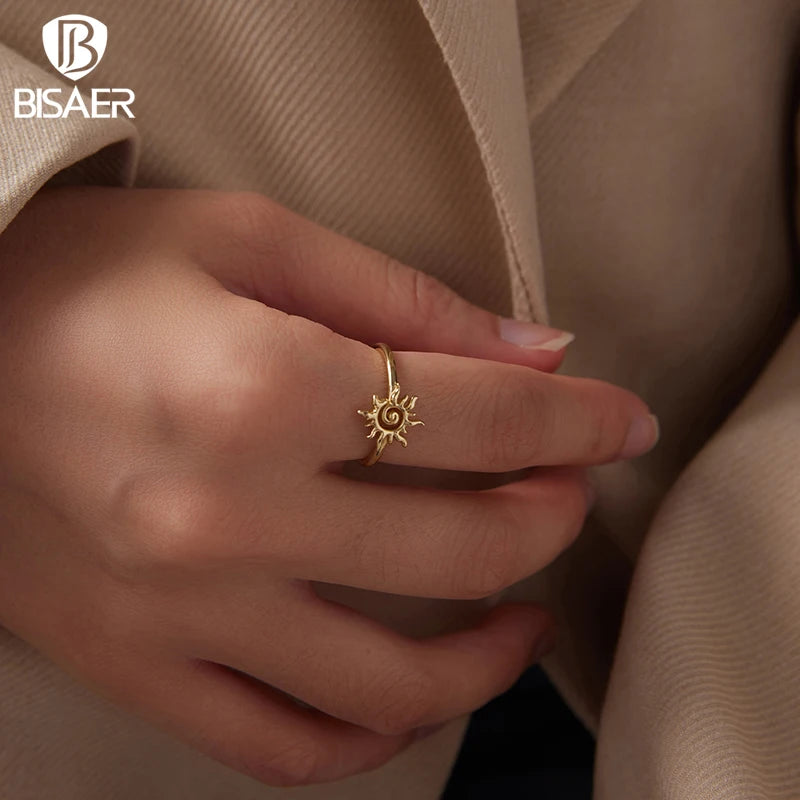 BISAER 925 Sterling Silver Sun Open Ring Stackable Eternity Band Plated Gold for Women Party Fine Jewelry EFR709-E