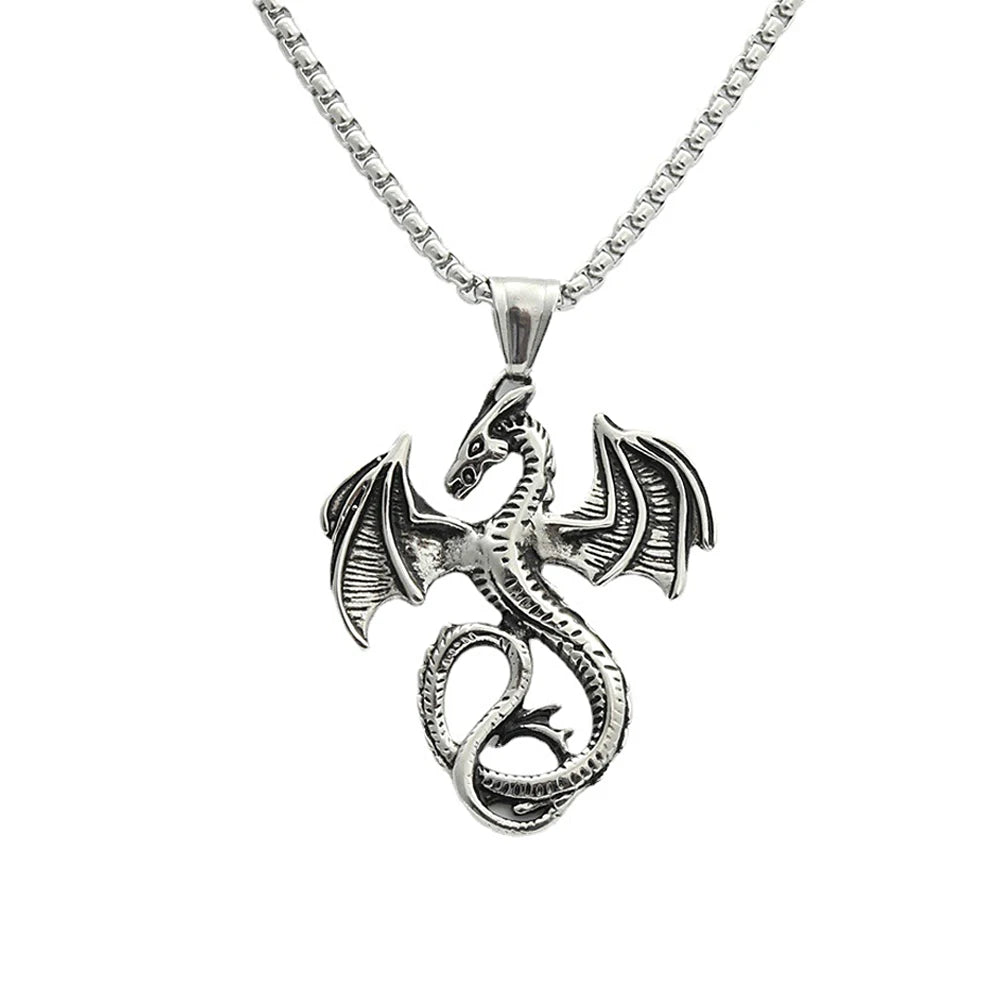 Punk Vintage Flying Dragon Pendant Necklace for Men Women Biker Stainless Steel Pterosaur Choker Necklaces Charm Jewelry Gifts