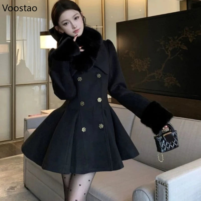 Autumn Winter Japanese Elegant Lolita Woolen Coat Women Sweet Fur Collar Slim Jacket Female Korean Y2k Warm Dress Cute Overcoat