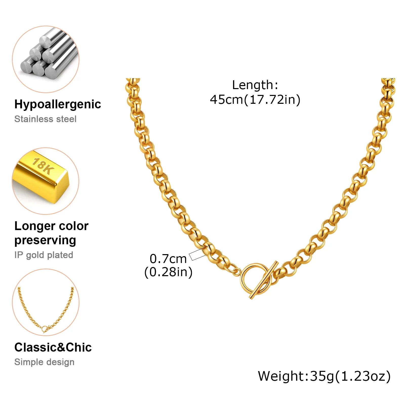 Vnox New Chunky Chain Necklace Women Simple OT Buckle Stainless Steel Round Link Chain Necklace For Women Fashion Jewelry Gift
