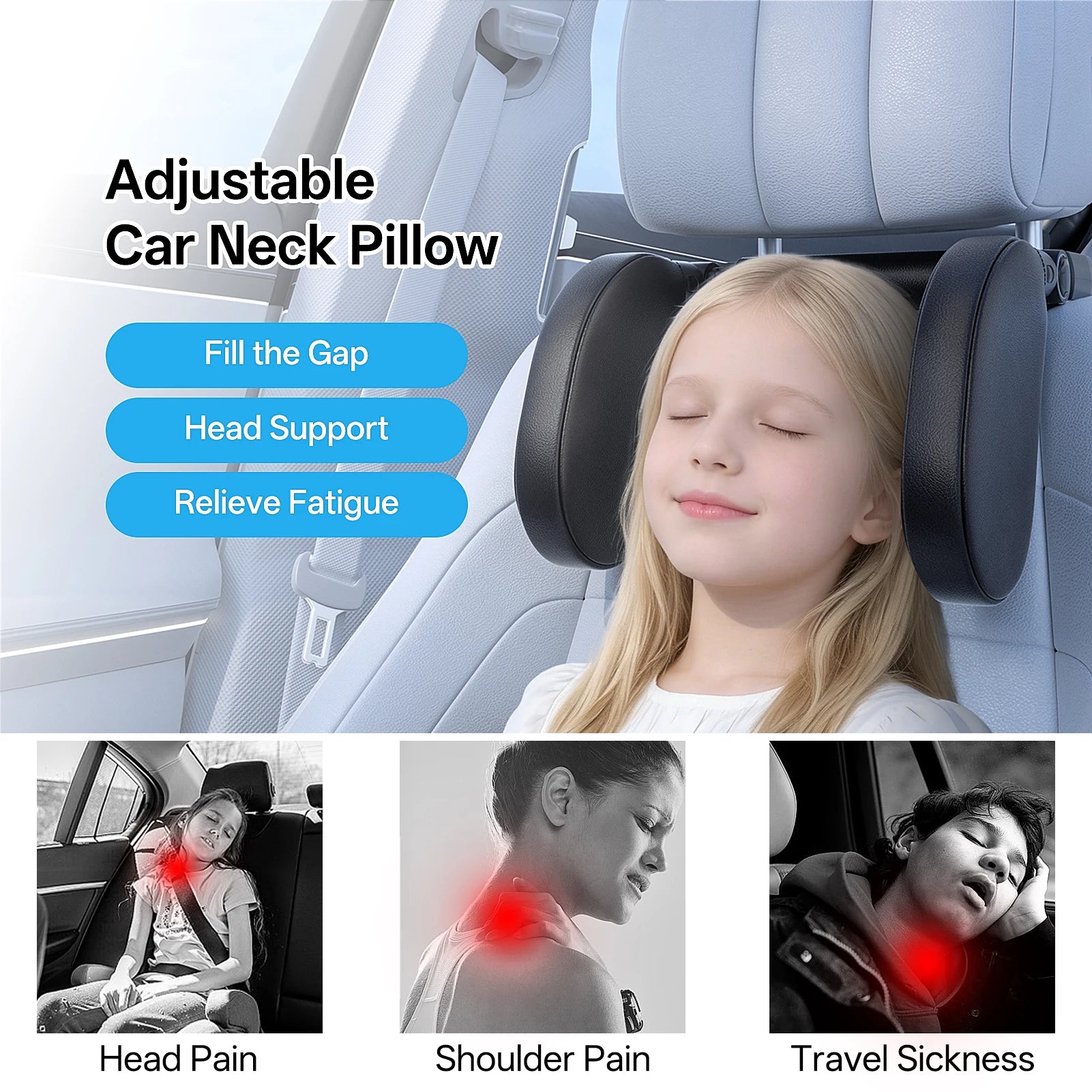 Ergonomic Car Side Sleep Pillow, Durable PVC Leather Memory Foam Headrest Pillow, All-Season Comfort Pillow for Travel Napping R - Madeinsea©