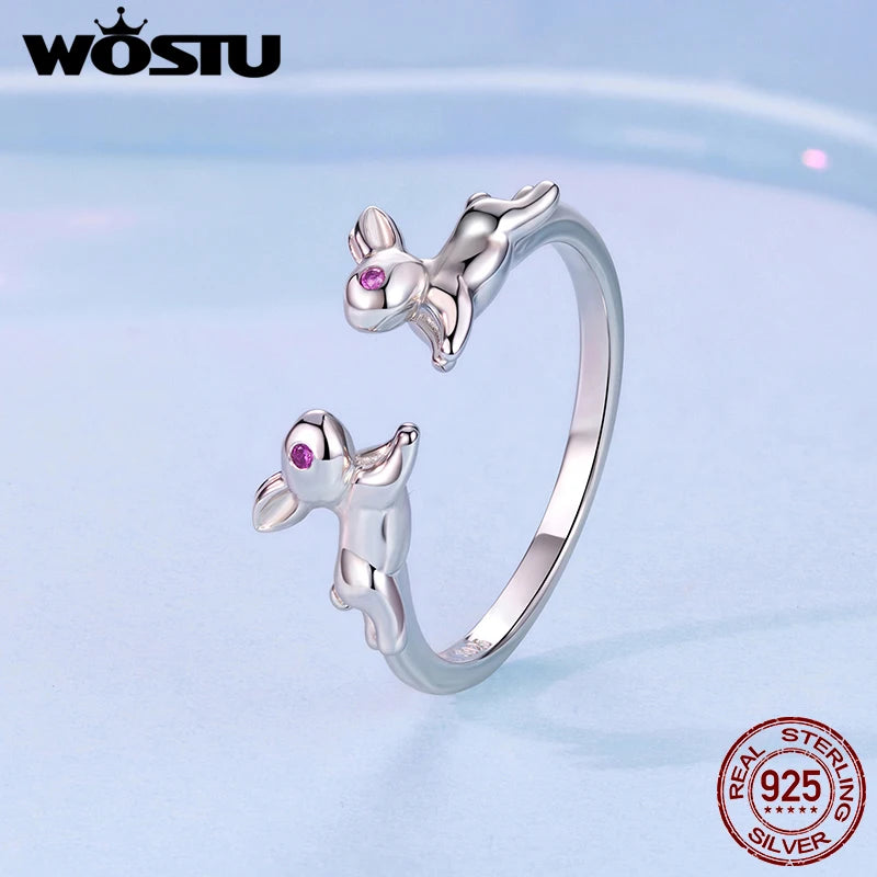 WOSTU Double 3D Rabbit Ring with Rose Red Eyes, Real 925 Sterling Silver Open Adjustable Animal Open Rings Cute Dainty Jewelry