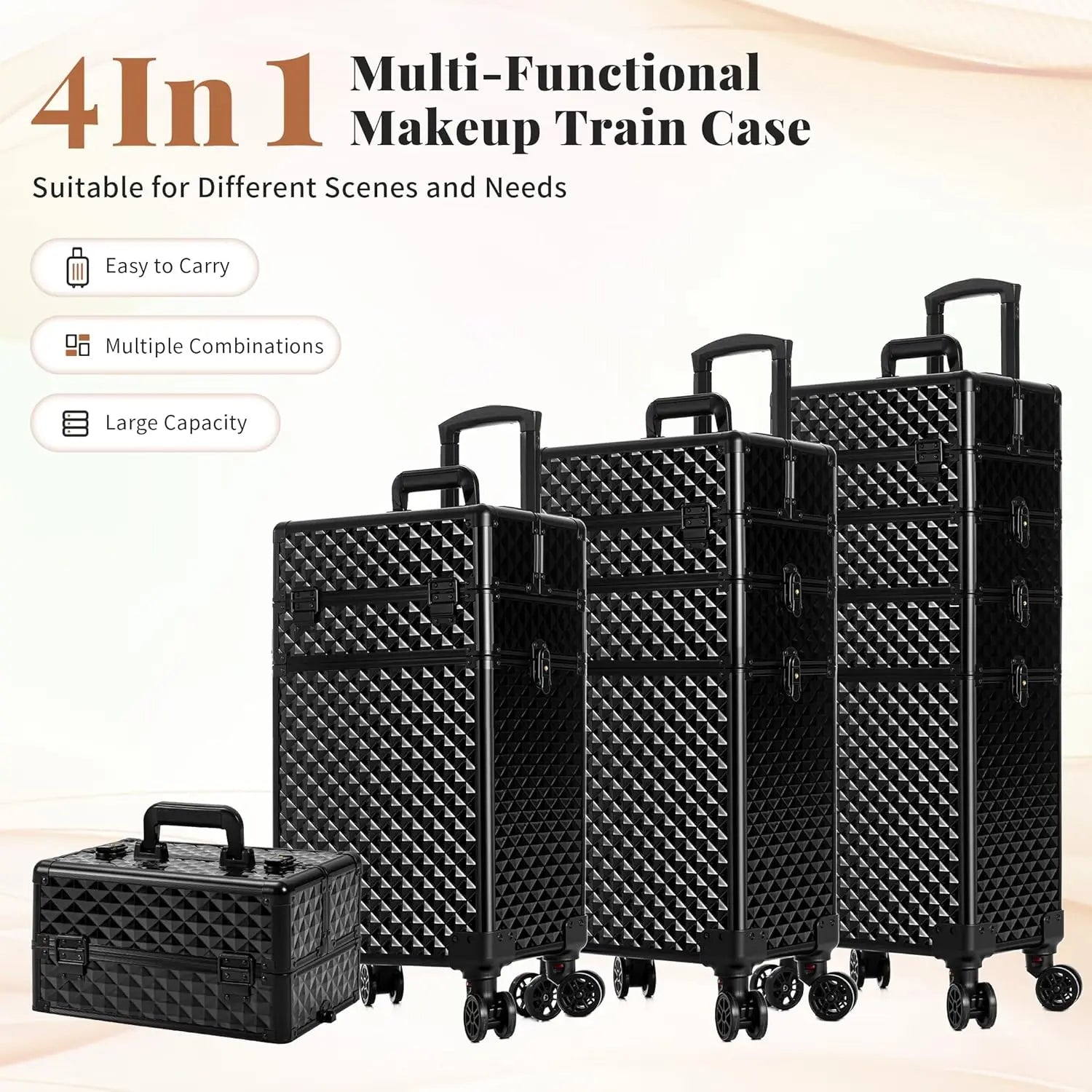 Rolling Makeup Train Case 4 in 1 Cosmetology Case on Wheels Large Storage Cosmetic Trolley with Key Salon Barber Case