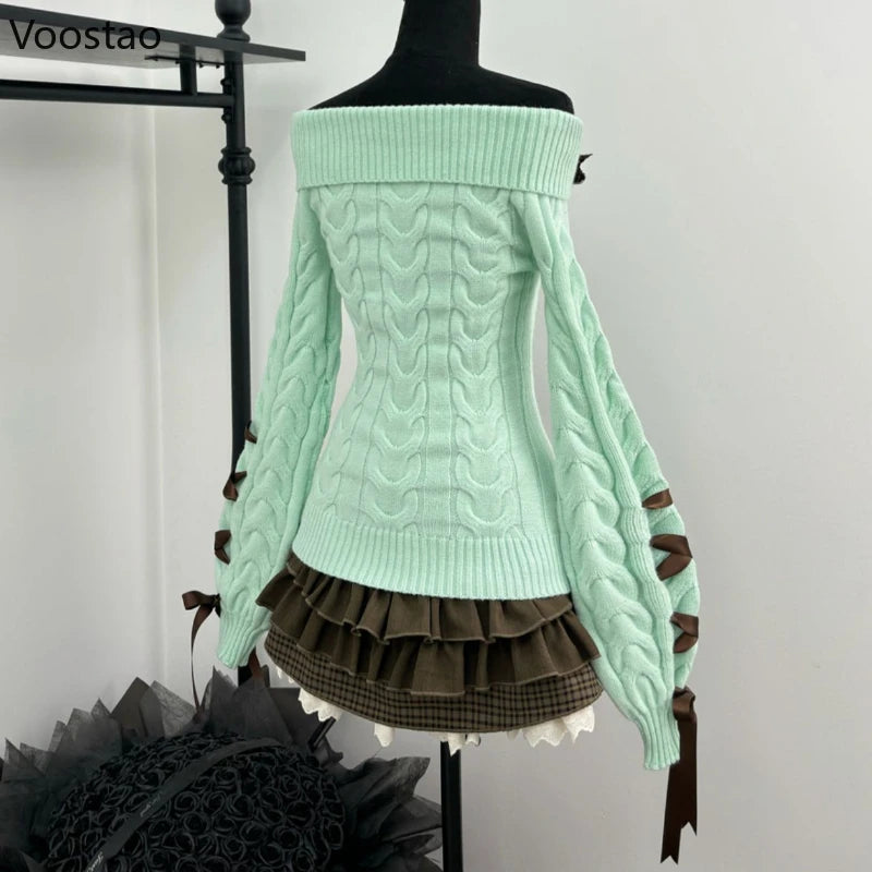 Autumn Winter Sweet Lolita Style 2 Piece Set Women Kawaii Slash Neck Bow Knitted Sweater Mini Cake Skirt Suit Femme Y2k Outfits