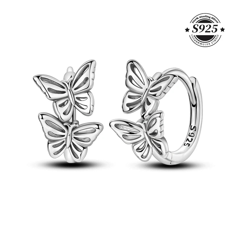 Simple Original 100% 925 Sterling Silver Sparkling Zircon Butterfly Liquid Metal Double Hoop Earrings For Women Wedding Jewelry