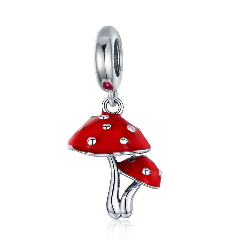 BISAER 925 Sterling Silver Red Love Charm Bead Koi Apple Cherry Mushroom Chili Ace Heart Pendant For Women DIY Bracelet Jewelry