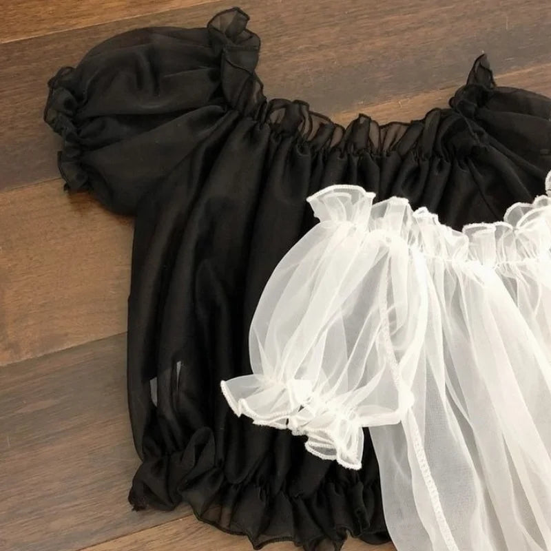 Summer Women Sweet Lolita Style Blouses Kawaii Slash Neck Ruffles Mesh Shirts Female Sexy Cute Short Puff Sleeve Blusas Mujer