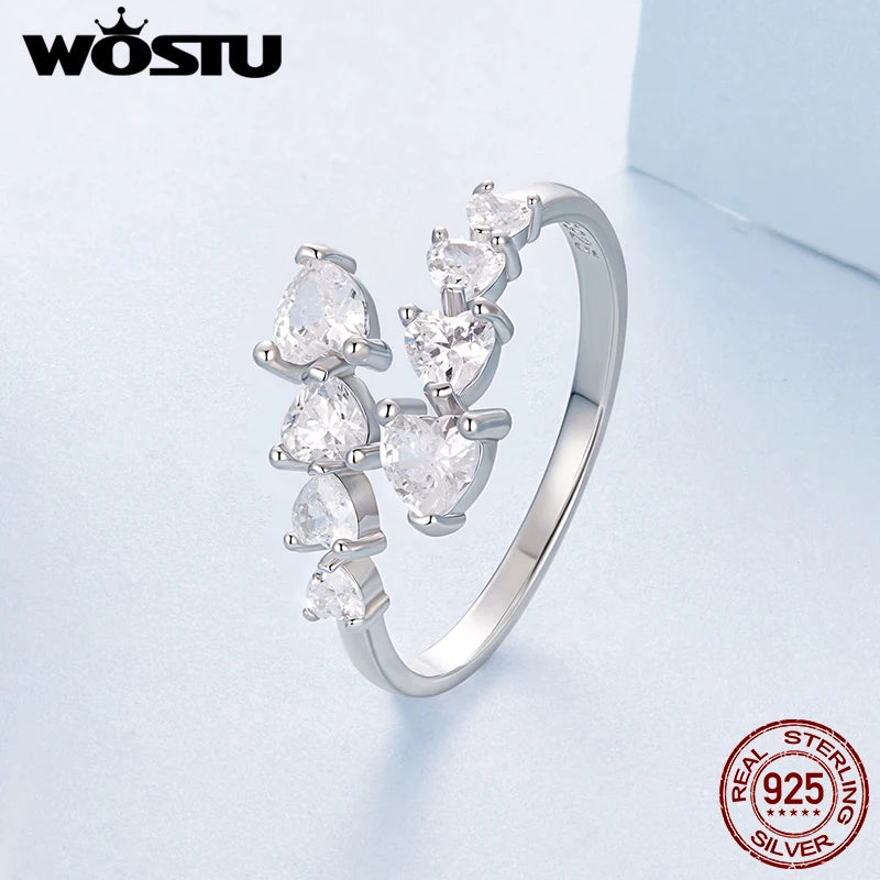 WOSTU 925 Silber Herz-Verlobungsring, funkelnder Zirkonia-Ring, offener stapelbarer Liebesring, minimalistisches Geschenk zum Valentinstag und Jahrestag für sie