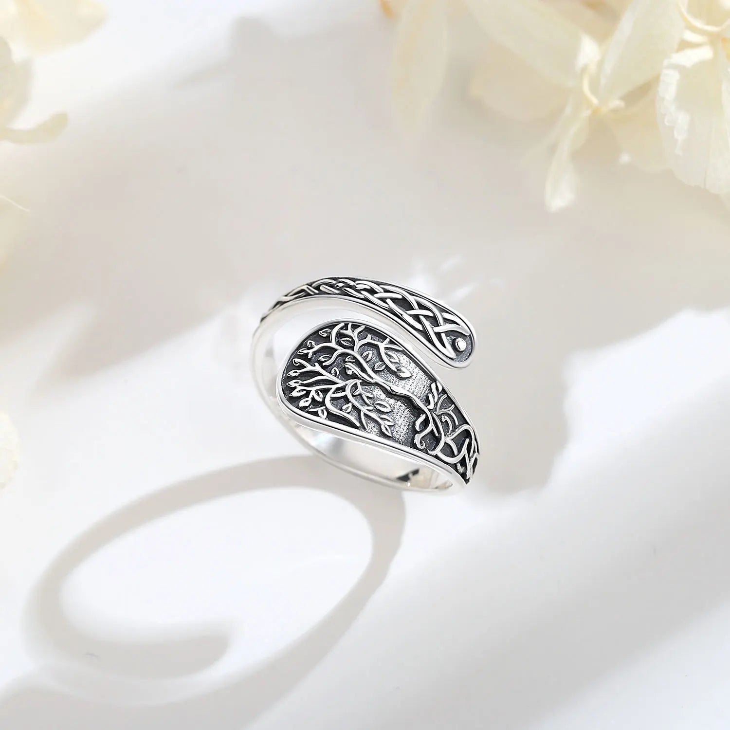 Eudora 925 Sterling Silver Tree of Life Adjustable Ring Vintage Celtic Knot Amulet Spoon Ring Fine Jewelry Gift for Men Women