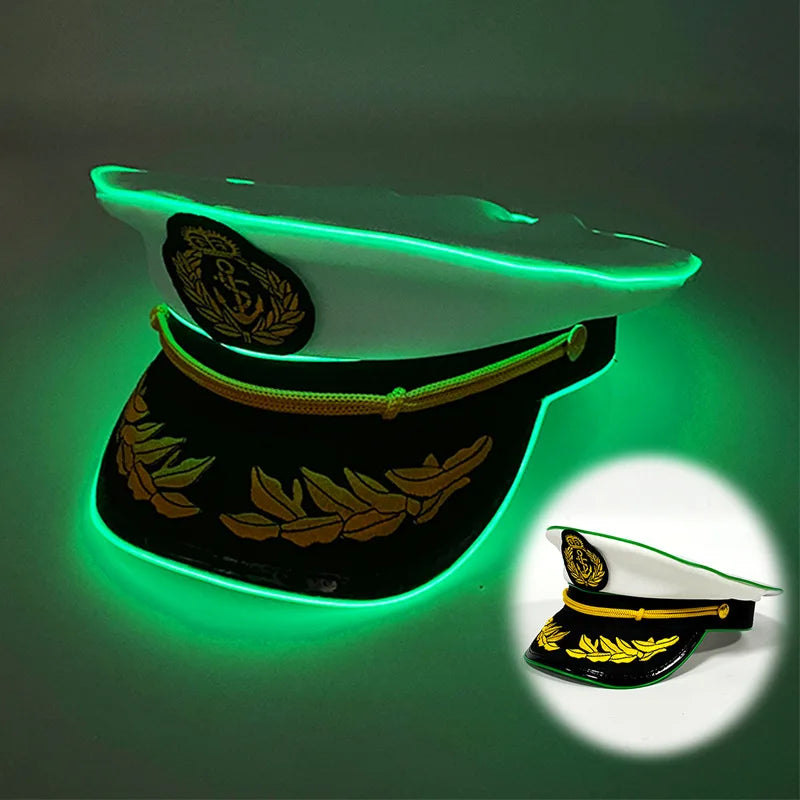 New Luminous White Sailor Captain Yacht Caps Wheat Embroidery LED Glow Navy Marine Hat Men Women Cosplay Halloween Costume Hats