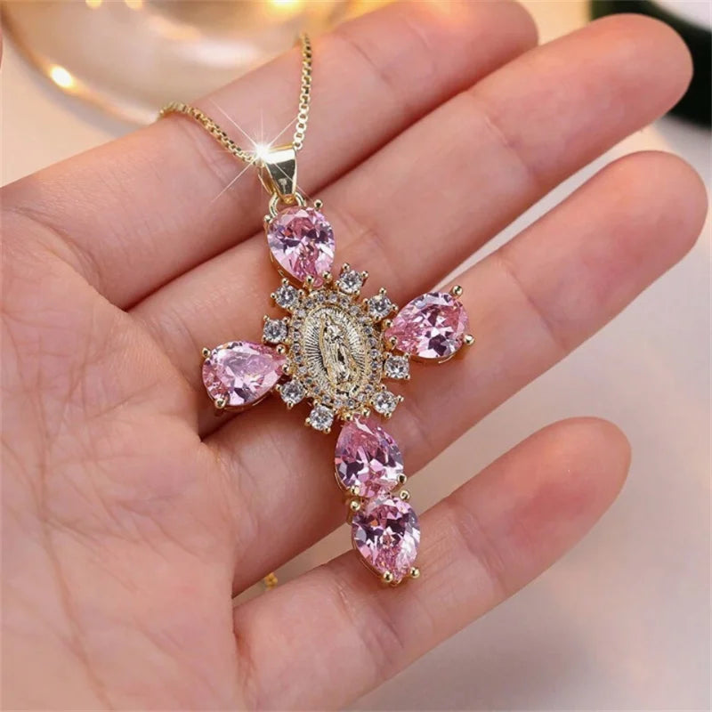 Luxury Crystal Pink Zircon Pendant Necklace For Women Vintage Water Drop Cross Rhinestones Choker Wedding Party Jewelry Gifts