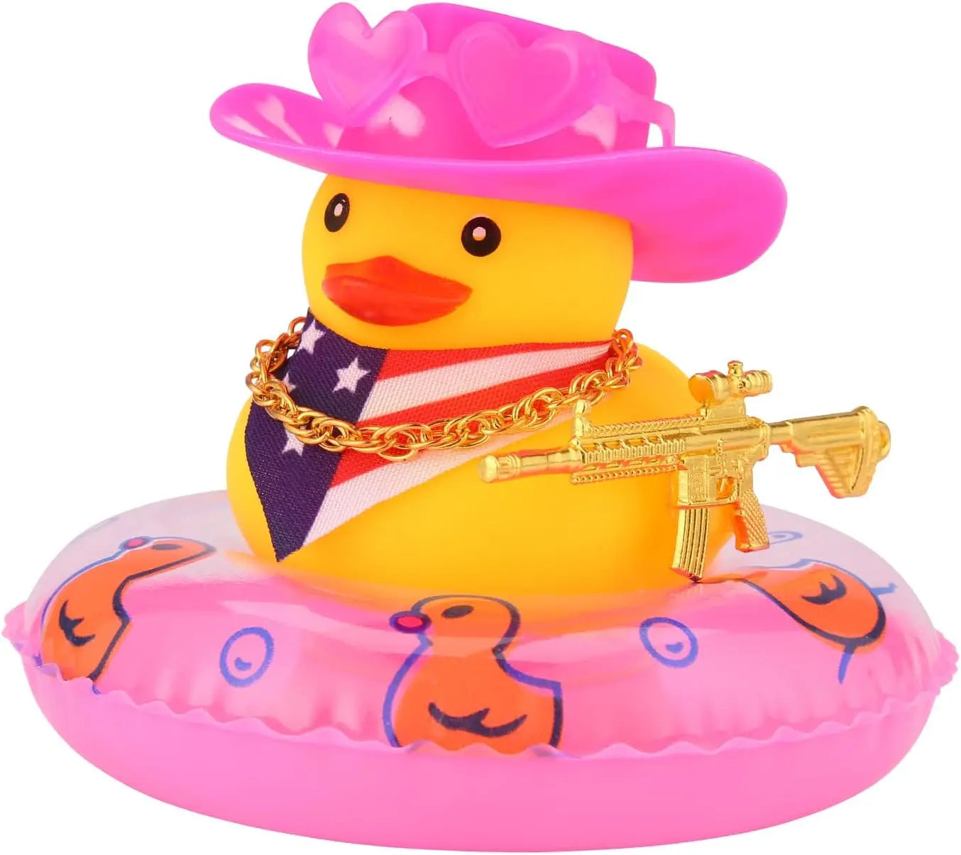 Rubber Duck with Weapon for Car Dashboard Decor, Squeaky Duck Toy Yellow Cowboy Ducks Car Ornament Fun Car Accessories