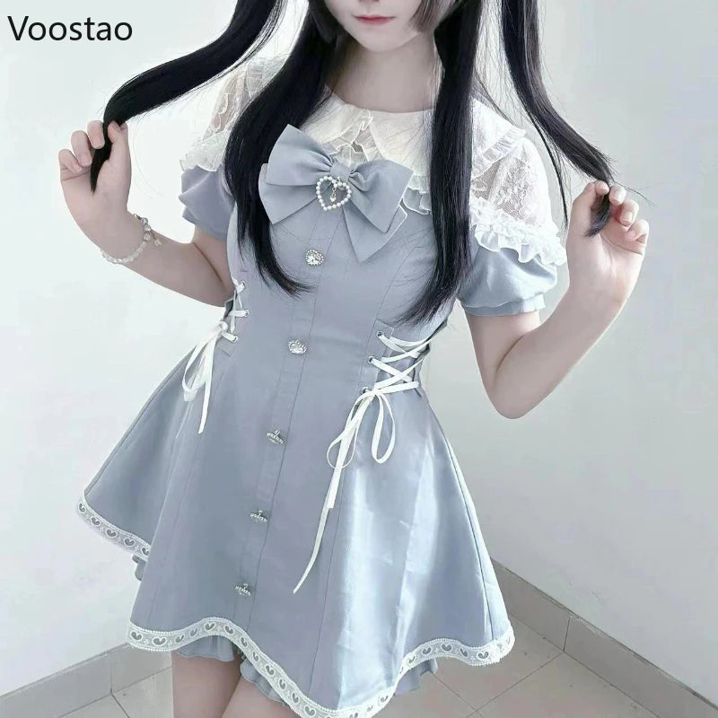 Japanese Style Sweet Bow Dress Shorts Set Women Kawaii Lace Puff Short Sleeve Shirt Dresses Female Gothic Y2k Lolita Outfits