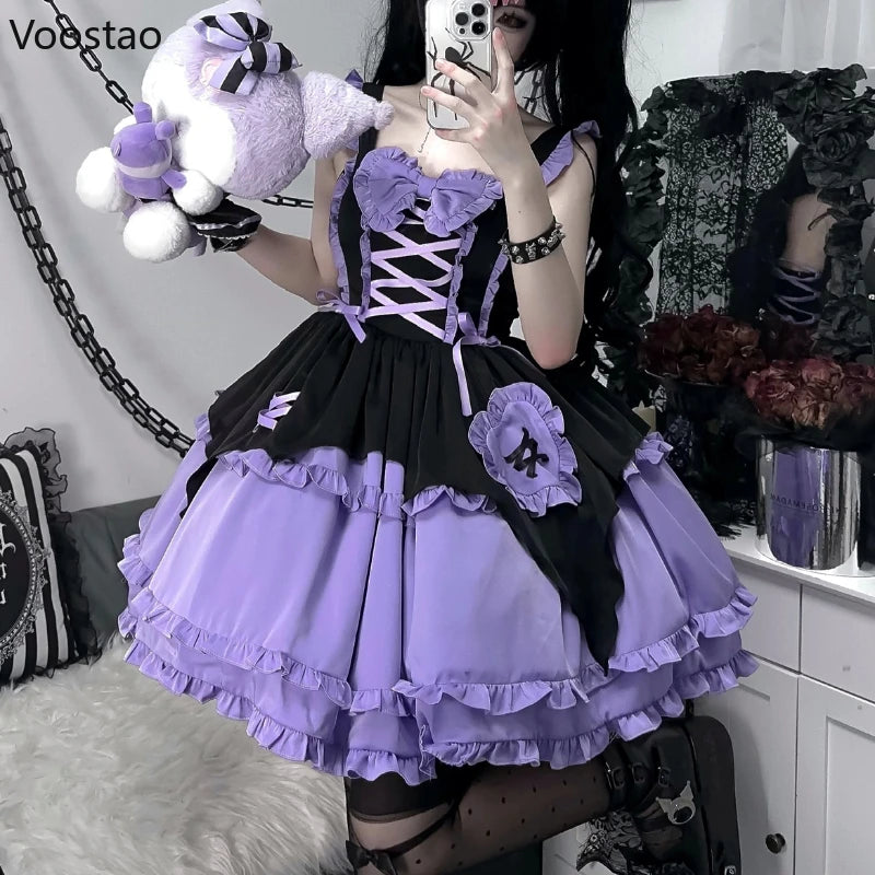 Japanese Gothic Lolita Jsk Dress Japanese Women Harajuku Y2k Halloween Little Witch Cosplay Ruffles Bow Princess Party Dresses